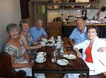 Breakfast in the quaint town of Corbridge, England, with Linda, Julia, George, and Morris